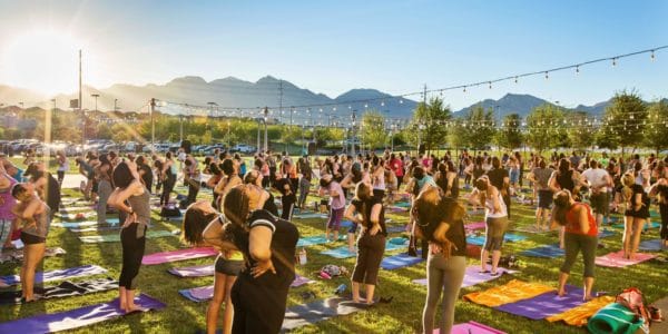 Group of people doing yoga at Downtown Summerlin